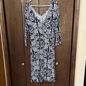 Elegant Blue Patterned Midi Dress